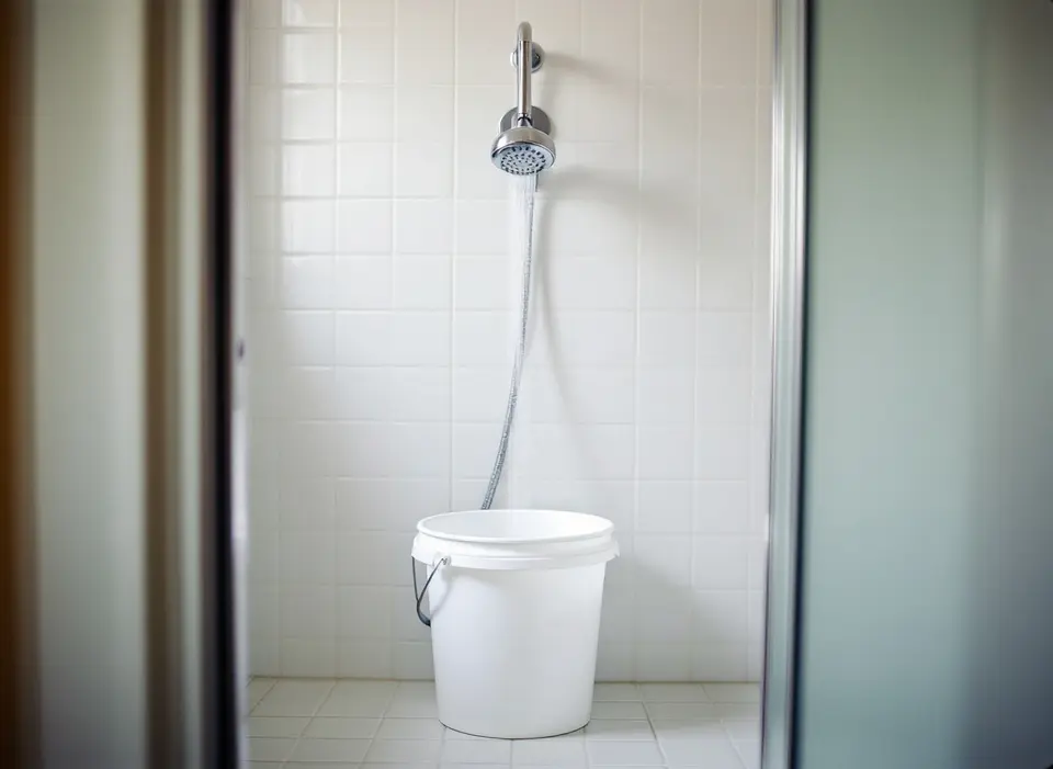 Een witte emmer op de tegelvloer van een kleine badkamer, onder een stromende douchekop aan de muur