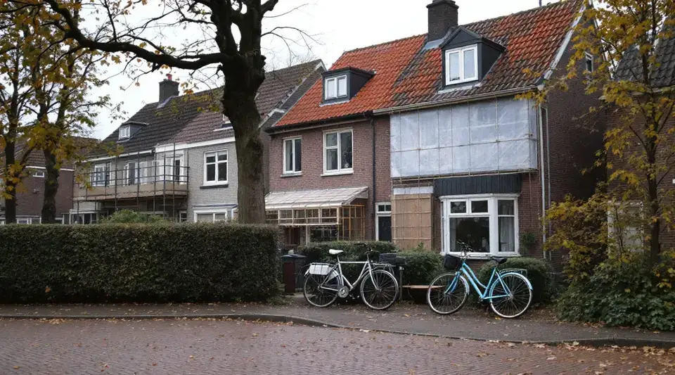 Een straat met bakstenen rijtjeshuizen in de herfst, met een steiger tegen een van de gevels en fietsen tegen de heg